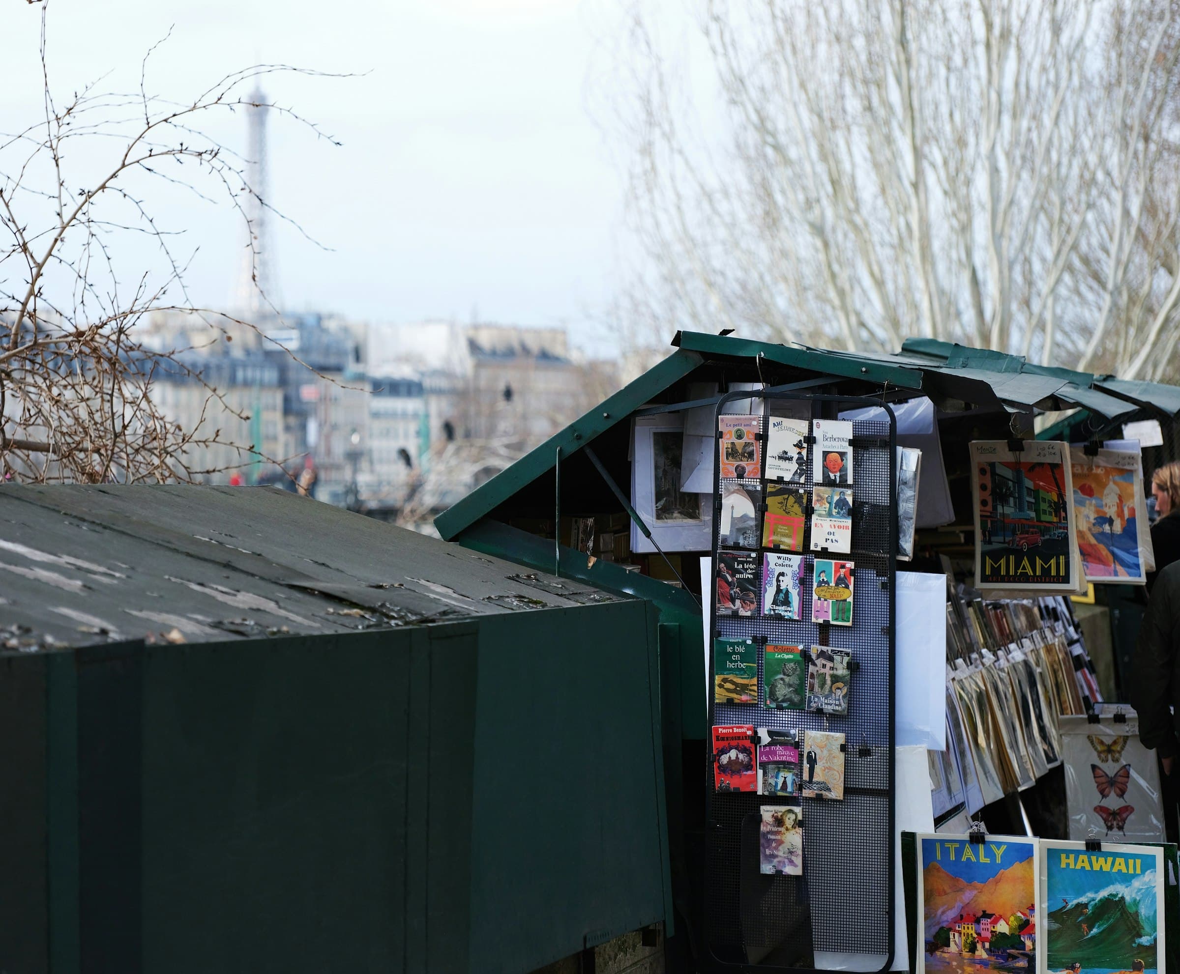 Les boîtes vertes d’un bouquiniste ouvertes sur le quai de Seine, livres et affiches accrochés, la tour Eiffel au loin dans la brume d’hiver