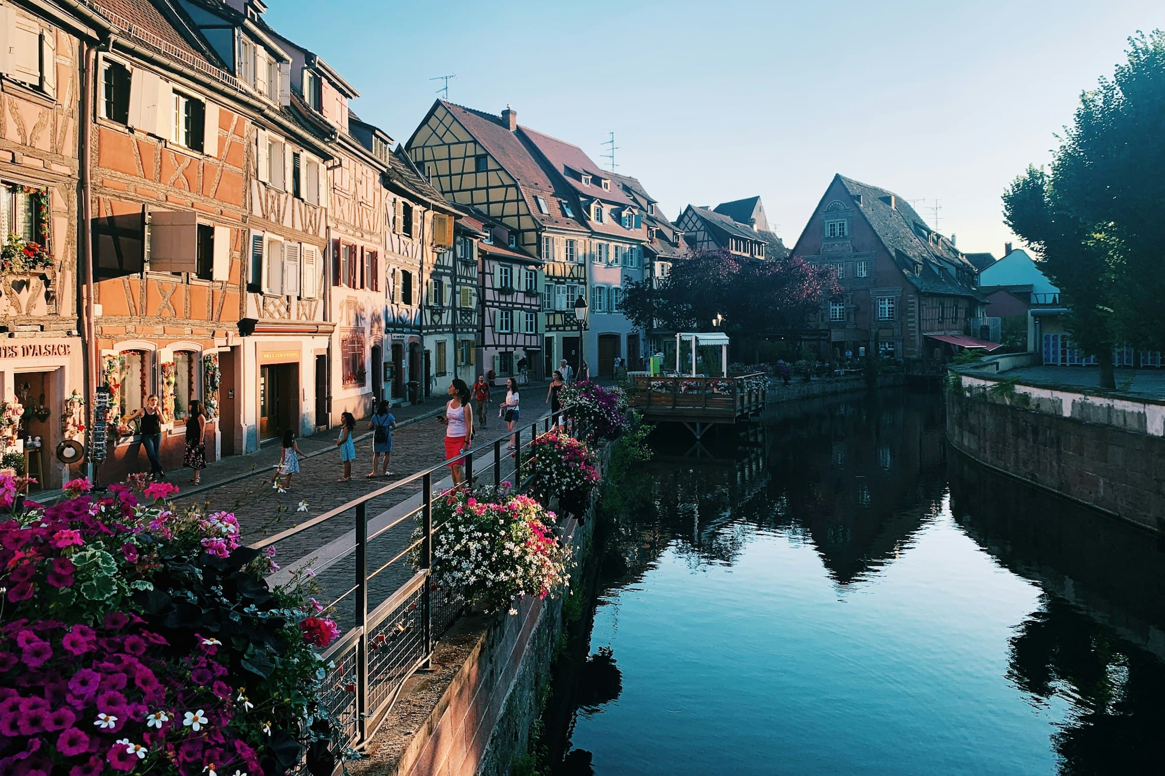 Un canal de Colmar en fin d’après-midi, les maisons à colombages ocre et pastel alignées le long du quai de gauche, des jardinières de pétunias roses sur le garde-corps et les façades qui se reflètent dans l’eau sombre