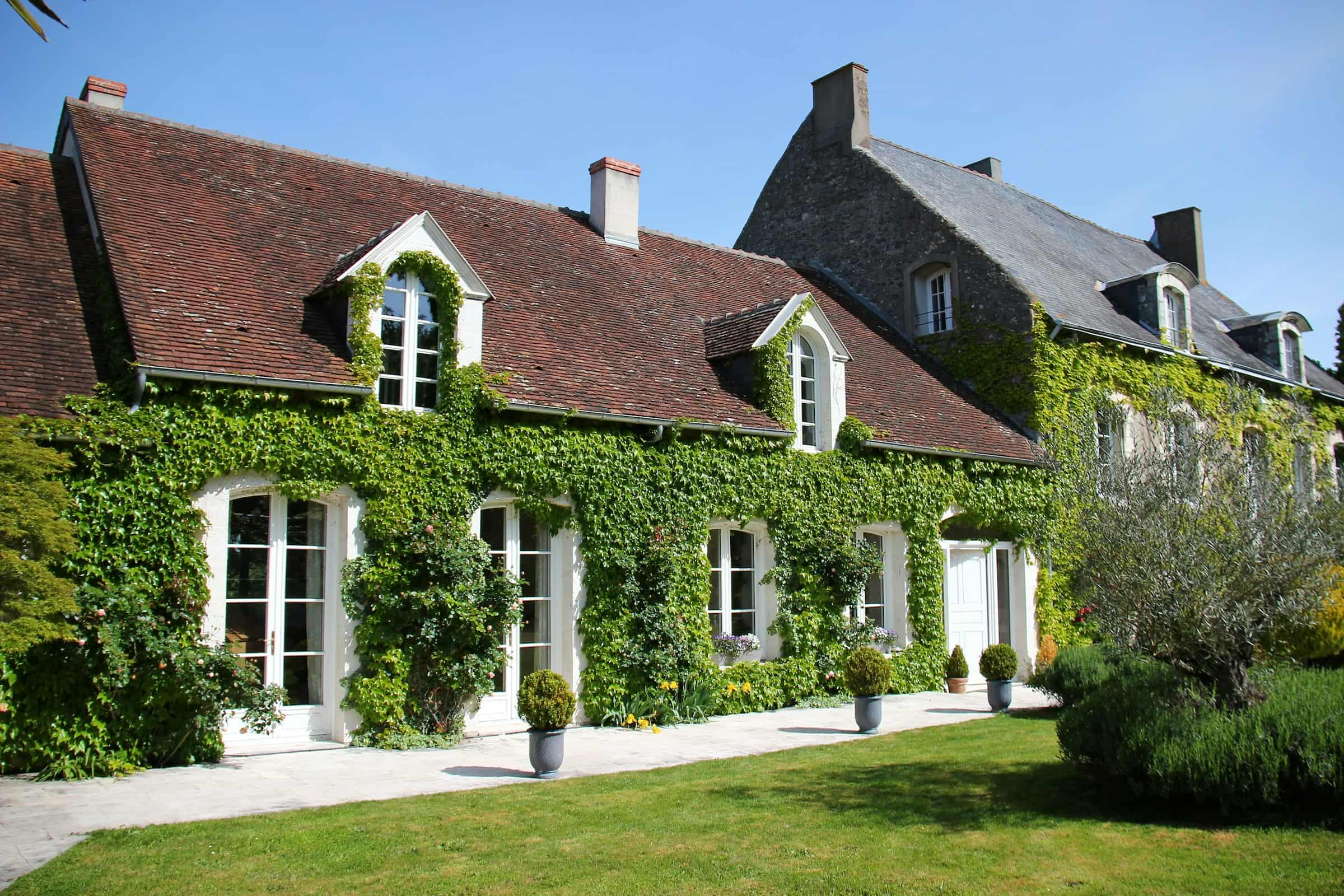 Une longue maison de campagne aux murs couverts de vigne vierge, ses fenêtres blanches et son toit de tuiles anciennes, devant une pelouse tondue, en plein soleil