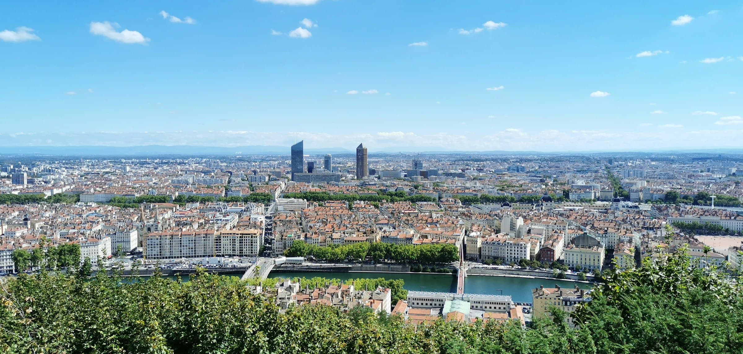 Un panorama urbain vu depuis une hauteur boisée : les toits, un fleuve traversé de ponts et une tour moderne au loin, sous un ciel bleu nuageux
